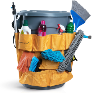 Yellow Trash Can Caddy Bags For Garbage Bins | Brute Compatible | Fits 32-55 Gallon Can | Heavy Duty Vinyl | Large Commercial Size | Organizer For Cleaning, Maid, & Janitorial Duty (4 Pack)